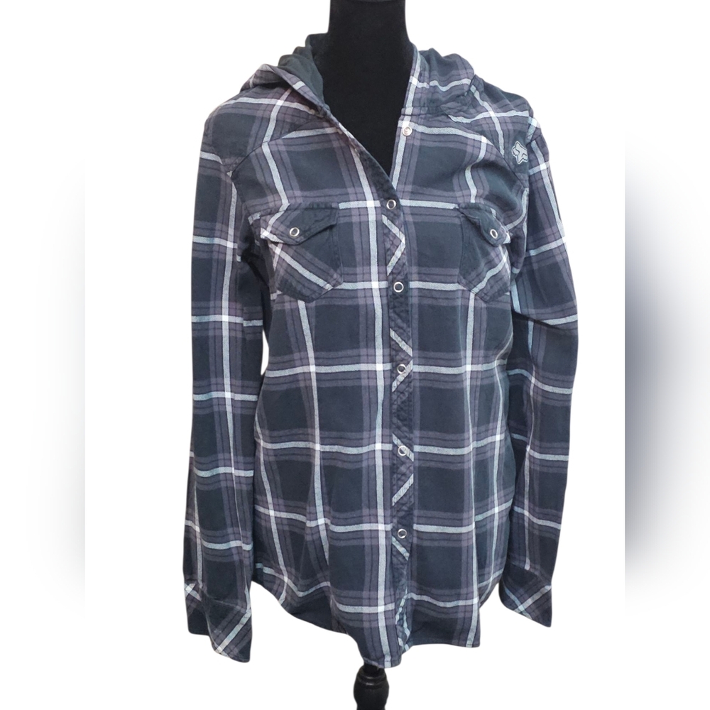 Fox Womens Purple Plaid Button-Up Hooded Shirt Medium
